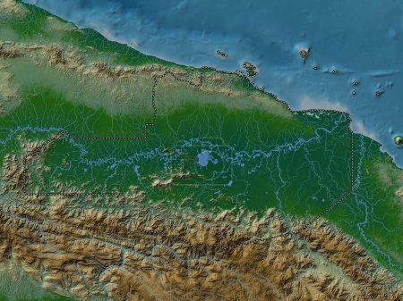Photo for East Sepik, province of Papua New Guinea. Colored elevation map with lakes and rivers - Royalty Free Image