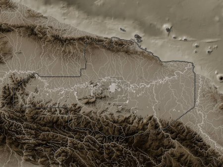 Photo for East Sepik, province of Papua New Guinea. Elevation map colored in sepia tones with lakes and rivers - Royalty Free Image