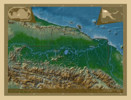 Téléchargez les photos : East Sepik, province of Papua New Guinea. Colored elevation map with lakes and rivers. Locations and names of major cities of the region. Corner auxiliary location maps - en image libre de droit