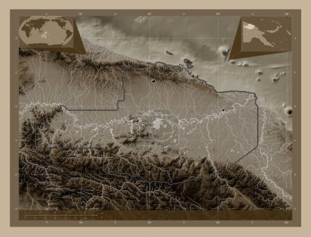 Photo for East Sepik, province of Papua New Guinea. Elevation map colored in sepia tones with lakes and rivers. Locations of major cities of the region. Corner auxiliary location maps - Royalty Free Image