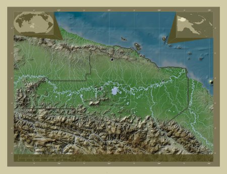 Photo for East Sepik, province of Papua New Guinea. Elevation map colored in wiki style with lakes and rivers. Locations of major cities of the region. Corner auxiliary location maps - Royalty Free Image