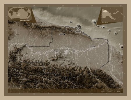Photo for East Sepik, province of Papua New Guinea. Elevation map colored in sepia tones with lakes and rivers. Locations and names of major cities of the region. Corner auxiliary location maps - Royalty Free Image