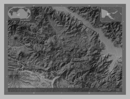 Foto de Eastern Highlands, province of Papua New Guinea. Grayscale elevation map with lakes and rivers. Locations and names of major cities of the region. Corner auxiliary location maps - Imagen libre de derechos