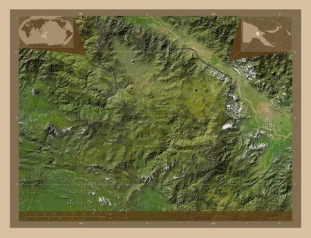 Téléchargez les photos : Eastern Highlands, province of Papua New Guinea. Low resolution satellite map. Locations of major cities of the region. Corner auxiliary location maps - en image libre de droit