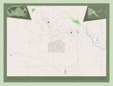 Téléchargez les photos : Eastern Highlands, province of Papua New Guinea. Open Street Map. Locations of major cities of the region. Corner auxiliary location maps - en image libre de droit