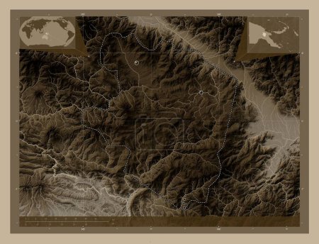 Téléchargez les photos : Eastern Highlands, province of Papua New Guinea. Elevation map colored in sepia tones with lakes and rivers. Locations of major cities of the region. Corner auxiliary location maps - en image libre de droit