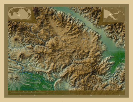 Téléchargez les photos : Eastern Highlands, province of Papua New Guinea. Colored elevation map with lakes and rivers. Locations of major cities of the region. Corner auxiliary location maps - en image libre de droit