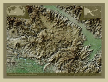 Téléchargez les photos : Eastern Highlands, province of Papua New Guinea. Elevation map colored in wiki style with lakes and rivers. Locations of major cities of the region. Corner auxiliary location maps - en image libre de droit