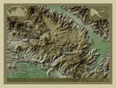 Photo for Eastern Highlands, province of Papua New Guinea. Elevation map colored in wiki style with lakes and rivers. Locations and names of major cities of the region. Corner auxiliary location maps - Royalty Free Image
