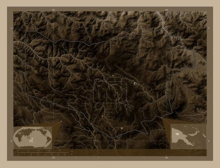 Photo for Enga, province of Papua New Guinea. Elevation map colored in sepia tones with lakes and rivers. Corner auxiliary location maps - Royalty Free Image