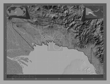 Photo for Gulf, province of Papua New Guinea. Bilevel elevation map with lakes and rivers. Locations of major cities of the region. Corner auxiliary location maps - Royalty Free Image