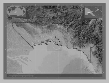 Téléchargez les photos : Gulf, province of Papua New Guinea. Grayscale elevation map with lakes and rivers. Locations of major cities of the region. Corner auxiliary location maps - en image libre de droit
