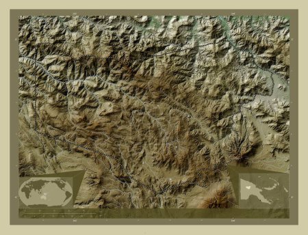 Photo for Enga, province of Papua New Guinea. Elevation map colored in wiki style with lakes and rivers. Corner auxiliary location maps - Royalty Free Image