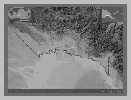 Photo for Gulf, province of Papua New Guinea. Grayscale elevation map with lakes and rivers. Locations and names of major cities of the region. Corner auxiliary location maps - Royalty Free Image