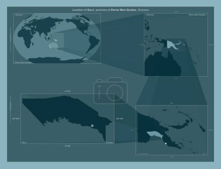 Téléchargez les photos : Gulf, province of Papua New Guinea. Diagram showing the location of the region on larger-scale maps. Composition of vector frames and PNG shapes on a solid background - en image libre de droit
