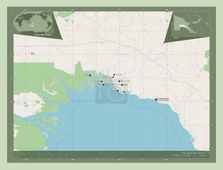 Téléchargez les photos : Gulf, province of Papua New Guinea. Open Street Map. Locations and names of major cities of the region. Corner auxiliary location maps - en image libre de droit