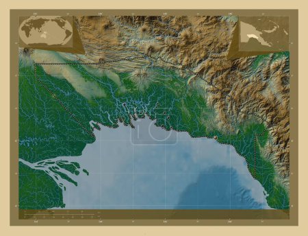 Photo for Gulf, province of Papua New Guinea. Colored elevation map with lakes and rivers. Locations of major cities of the region. Corner auxiliary location maps - Royalty Free Image