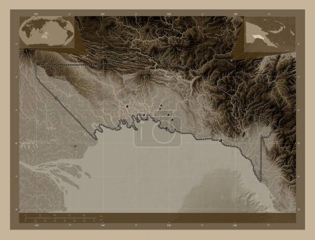 Photo for Gulf, province of Papua New Guinea. Elevation map colored in sepia tones with lakes and rivers. Locations of major cities of the region. Corner auxiliary location maps - Royalty Free Image