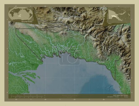 Photo for Gulf, province of Papua New Guinea. Elevation map colored in wiki style with lakes and rivers. Locations and names of major cities of the region. Corner auxiliary location maps - Royalty Free Image