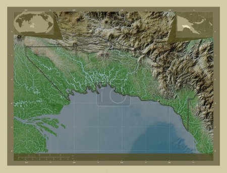 Photo for Gulf, province of Papua New Guinea. Elevation map colored in wiki style with lakes and rivers. Corner auxiliary location maps - Royalty Free Image
