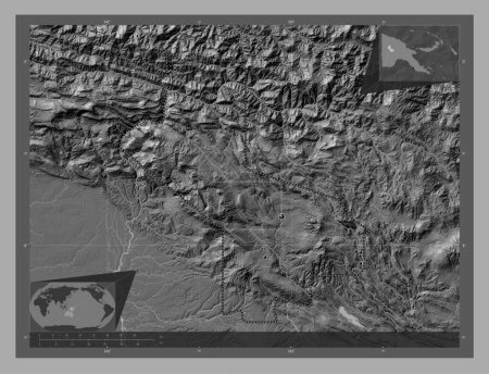 Photo for Hela, province of Papua New Guinea. Bilevel elevation map with lakes and rivers. Locations of major cities of the region. Corner auxiliary location maps - Royalty Free Image
