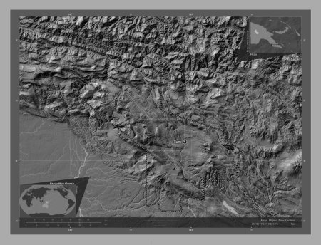 Photo for Hela, province of Papua New Guinea. Bilevel elevation map with lakes and rivers. Locations and names of major cities of the region. Corner auxiliary location maps - Royalty Free Image