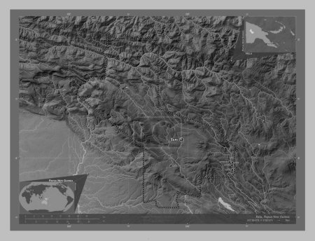 Photo for Hela, province of Papua New Guinea. Grayscale elevation map with lakes and rivers. Locations and names of major cities of the region. Corner auxiliary location maps - Royalty Free Image