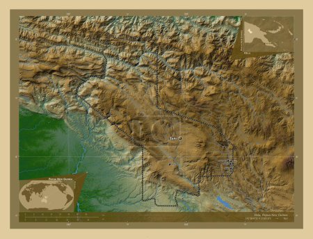 Photo for Hela, province of Papua New Guinea. Colored elevation map with lakes and rivers. Locations and names of major cities of the region. Corner auxiliary location maps - Royalty Free Image