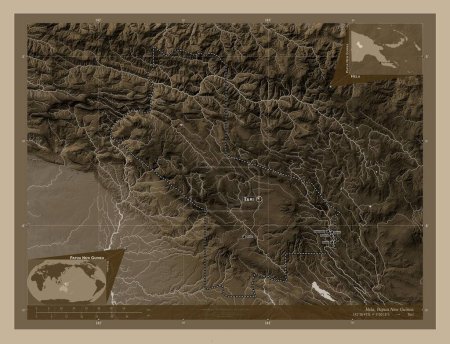 Photo for Hela, province of Papua New Guinea. Elevation map colored in sepia tones with lakes and rivers. Locations and names of major cities of the region. Corner auxiliary location maps - Royalty Free Image