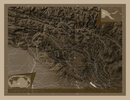 Photo for Hela, province of Papua New Guinea. Elevation map colored in sepia tones with lakes and rivers. Locations of major cities of the region. Corner auxiliary location maps - Royalty Free Image