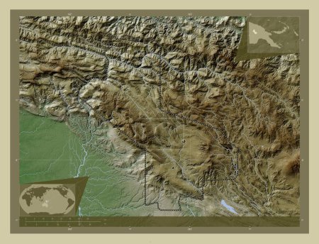 Photo for Hela, province of Papua New Guinea. Elevation map colored in wiki style with lakes and rivers. Locations of major cities of the region. Corner auxiliary location maps - Royalty Free Image