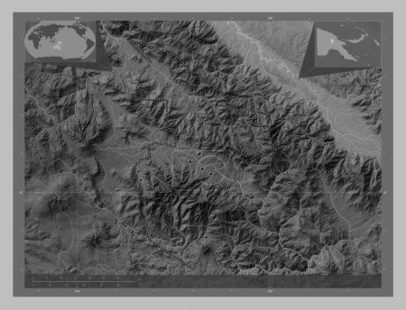 Photo for Jiwaka, province of Papua New Guinea. Grayscale elevation map with lakes and rivers. Locations of major cities of the region. Corner auxiliary location maps - Royalty Free Image