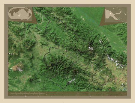 Téléchargez les photos : Jiwaka, province of Papua New Guinea. High resolution satellite map. Locations of major cities of the region. Corner auxiliary location maps - en image libre de droit