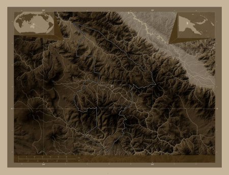 Téléchargez les photos : Jiwaka, province of Papua New Guinea. Elevation map colored in sepia tones with lakes and rivers. Corner auxiliary location maps - en image libre de droit