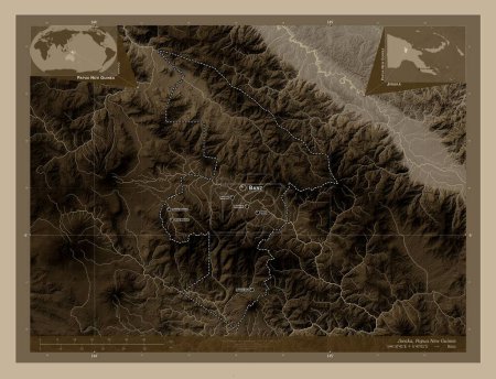 Téléchargez les photos : Jiwaka, province of Papua New Guinea. Elevation map colored in sepia tones with lakes and rivers. Locations and names of major cities of the region. Corner auxiliary location maps - en image libre de droit
