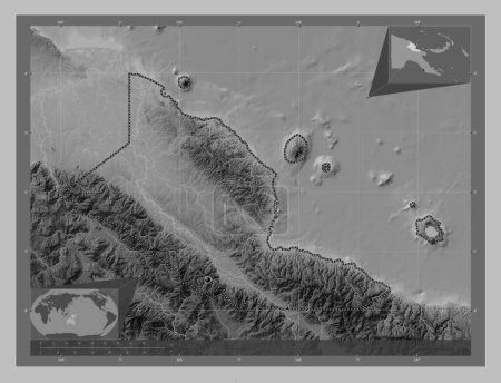 Photo for Madang, province of Papua New Guinea. Grayscale elevation map with lakes and rivers. Locations of major cities of the region. Corner auxiliary location maps - Royalty Free Image