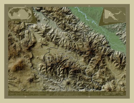Foto de Jiwaka, province of Papua New Guinea. Elevation map colored in wiki style with lakes and rivers. Locations and names of major cities of the region. Corner auxiliary location maps - Imagen libre de derechos