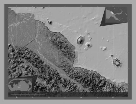 Téléchargez les photos : Madang, province of Papua New Guinea. Bilevel elevation map with lakes and rivers. Corner auxiliary location maps - en image libre de droit