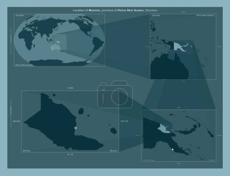 Photo for Madang, province of Papua New Guinea. Diagram showing the location of the region on larger-scale maps. Composition of vector frames and PNG shapes on a solid background - Royalty Free Image