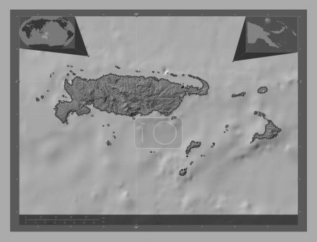 Photo for Manus, province of Papua New Guinea. Bilevel elevation map with lakes and rivers. Locations of major cities of the region. Corner auxiliary location maps - Royalty Free Image