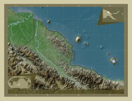 Téléchargez les photos : Madang, province of Papua New Guinea. Elevation map colored in wiki style with lakes and rivers. Corner auxiliary location maps - en image libre de droit