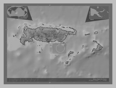 Téléchargez les photos : Manus, province of Papua New Guinea. Grayscale elevation map with lakes and rivers. Locations and names of major cities of the region. Corner auxiliary location maps - en image libre de droit