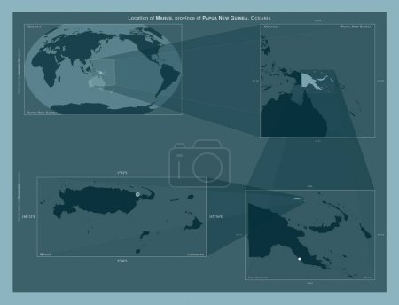 Téléchargez les photos : Manus, province of Papua New Guinea. Diagram showing the location of the region on larger-scale maps. Composition of vector frames and PNG shapes on a solid background - en image libre de droit