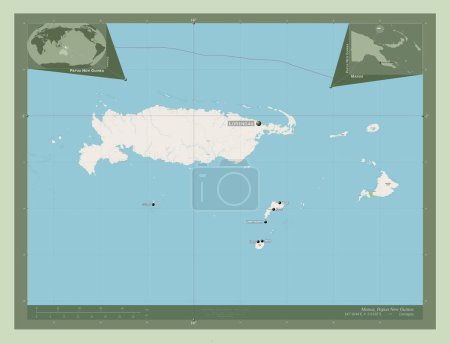 Téléchargez les photos : Manus, province of Papua New Guinea. Open Street Map. Locations and names of major cities of the region. Corner auxiliary location maps - en image libre de droit