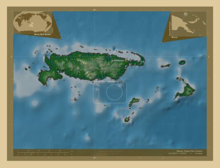 Photo for Manus, province of Papua New Guinea. Colored elevation map with lakes and rivers. Locations and names of major cities of the region. Corner auxiliary location maps - Royalty Free Image