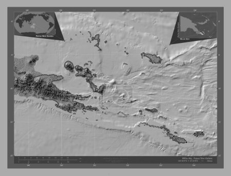 Photo for Milne Bay, province of Papua New Guinea. Bilevel elevation map with lakes and rivers. Locations and names of major cities of the region. Corner auxiliary location maps - Royalty Free Image