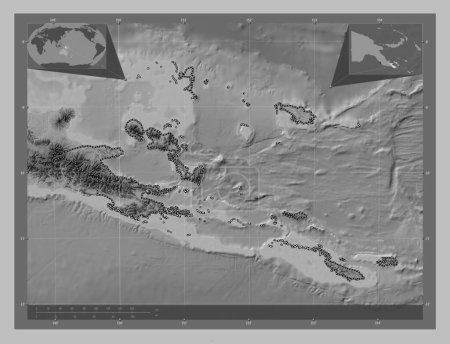 Photo for Milne Bay, province of Papua New Guinea. Grayscale elevation map with lakes and rivers. Corner auxiliary location maps - Royalty Free Image
