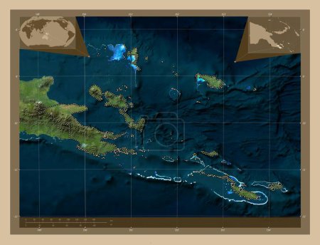 Foto de Milne Bay, province of Papua New Guinea. Low resolution satellite map. Locations of major cities of the region. Corner auxiliary location maps - Imagen libre de derechos