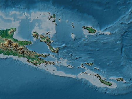 Téléchargez les photos : Milne Bay, province of Papua New Guinea. Colored elevation map with lakes and rivers - en image libre de droit