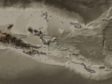 Téléchargez les photos : Milne Bay, province of Papua New Guinea. Elevation map colored in sepia tones with lakes and rivers - en image libre de droit